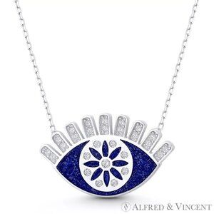 Evil Eye w/ Lashes Luck Charm Enamel & CZ Crystal Pendant in 925 Sterling Silver